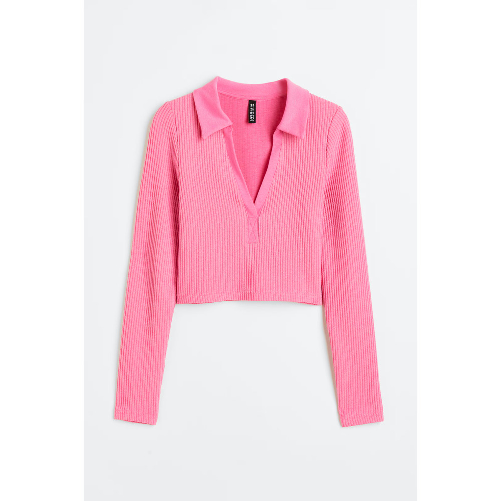 Divided H&M Pink Collared Ribbed Top Sz Large Long-Sleeve Crop Blouse Coquette - Picture 1 of 7